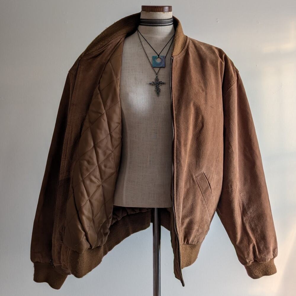 Vintage 90s Brown Suede Bomber Jacket L Slouchy Oversized Quilted Leather Coat